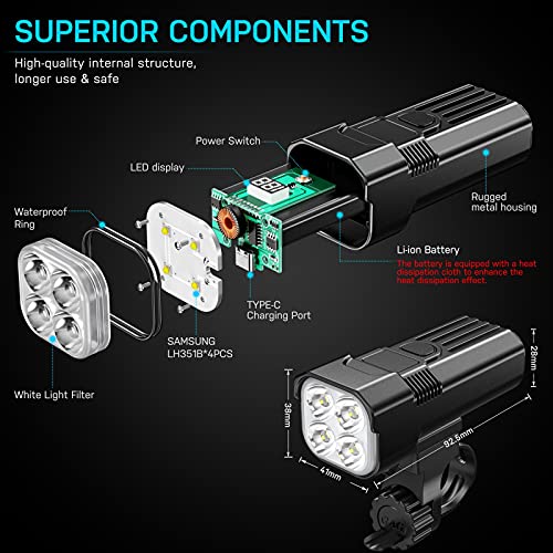 Juego de Luces para Bicicleta, Super Brillante, 2000 Lúmenes, Mejora de Luz para Bicicleta, 4 Luces LED Delanteras para Ciclismo, IP65, Impermeables, Recargables por USB con 6 Modos luz Trasera Roja