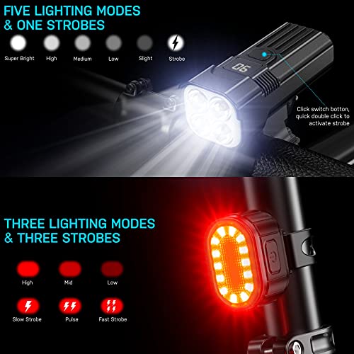 Juego de Luces para Bicicleta, Super Brillante, 2000 Lúmenes, Mejora de Luz para Bicicleta, 4 Luces LED Delanteras para Ciclismo, IP65, Impermeables, Recargables por USB con 6 Modos luz Trasera Roja