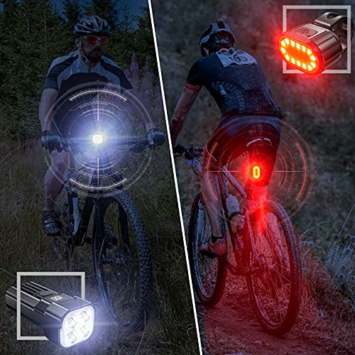 Juego de Luces para Bicicleta, Super Brillante, 2000 Lúmenes, Mejora de Luz para Bicicleta, 4 Luces LED Delanteras para Ciclismo, IP65, Impermeables, Recargables por USB con 6 Modos luz Trasera Roja