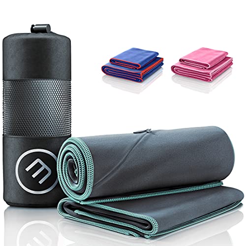 Juego de Toallas de Microfibra + Funda de Transporte | Set de 2 Azules: Grande para baño, pequeño para Cuerpo y Cara | Ultra-Ligeras, absorbentes, de Secado rápido - Deporte Viaje Playa Gimnasio