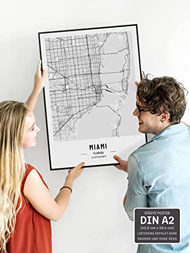 JUNOMI® Miami Póster XL blanco y negro, DIN A2, decoración moderna para el salón, cuadro de pared de Miami, sin marco, mapa de la ciudad de Miami, idea de regalo perfecta