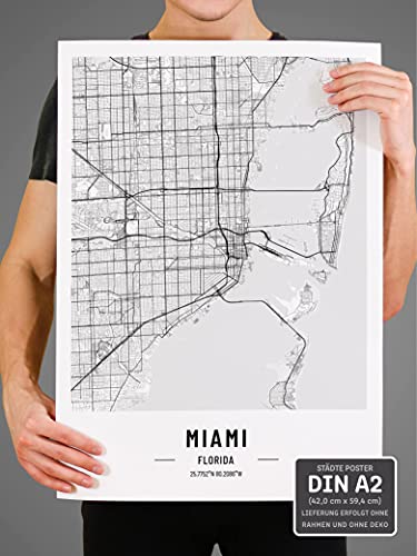 JUNOMI® Miami Póster XL blanco y negro, DIN A2, decoración moderna para el salón, cuadro de pared de Miami, sin marco, mapa de la ciudad de Miami, idea de regalo perfecta