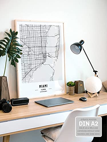 JUNOMI® Miami Póster XL blanco y negro, DIN A2, decoración moderna para el salón, cuadro de pared de Miami, sin marco, mapa de la ciudad de Miami, idea de regalo perfecta