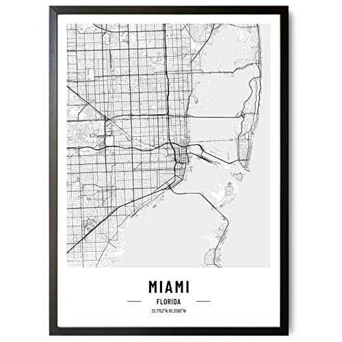 JUNOMI® Miami Póster XL blanco y negro, DIN A2, decoración moderna para el salón, cuadro de pared de Miami, sin marco, mapa de la ciudad de Miami, idea de regalo perfecta