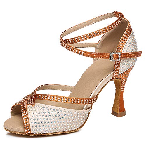 JUODVMP Zapatos de Baile Latino Mujer y Niñas Salsa Tango Ballroom Practice de Rendimiento Zapatos de Baile,Modelo YCL451,Rosa+BG-7.5CM Heel-38 EU