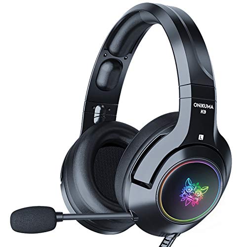 K9 Stereo Gaming Headset para PS4 PC Xbox One PS5 Switch Controller, con Sonido Envolvente RGB Light Noise Reduction Micrófono Auriculares (USB + 3.5mm Black Demon Version)
