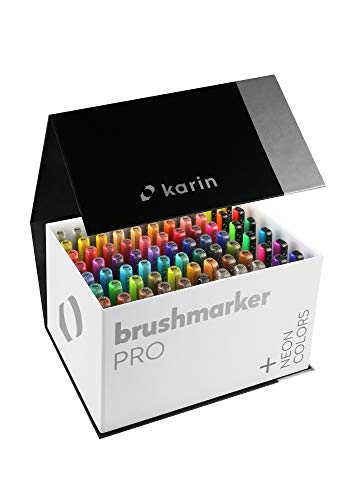 KARIN Mega Box Plus – 72 colores + 3 Blender, BrushMarker Pro – Brushpen a base de agua adecuado para pintar, dibujar y escribir a mano, multicolor, neón, colores incluidos 27C13