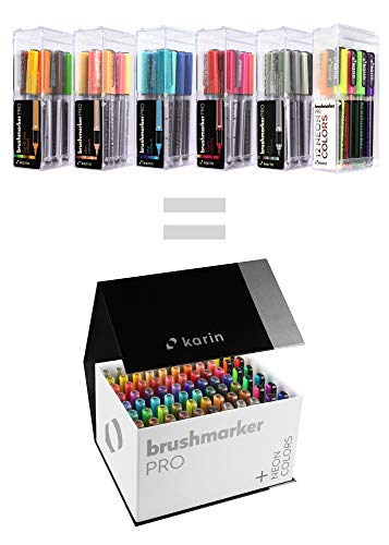 KARIN Mega Box Plus – 72 colores + 3 Blender, BrushMarker Pro – Brushpen a base de agua adecuado para pintar, dibujar y escribir a mano, multicolor, neón, colores incluidos 27C13