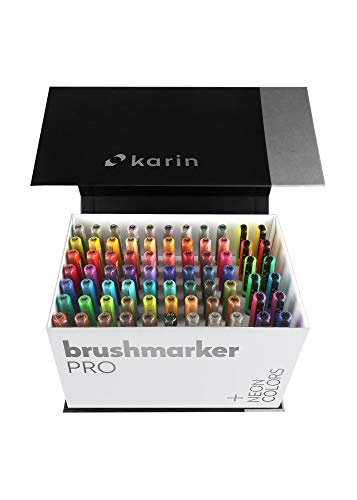 KARIN Mega Box Plus – 72 colores + 3 Blender, BrushMarker Pro – Brushpen a base de agua adecuado para pintar, dibujar y escribir a mano, multicolor, neón, colores incluidos 27C13