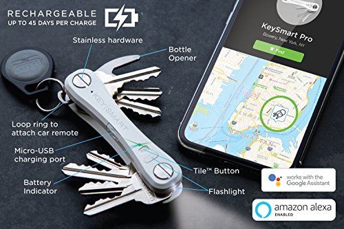 KeySmart Pro - Llavero Compacto con Linterna LED y Tecnología Smart Tile. Rastrea Tus Llaves y teléfono extraviado con Bluetooth (hasta 10 Llaves, Blanca)