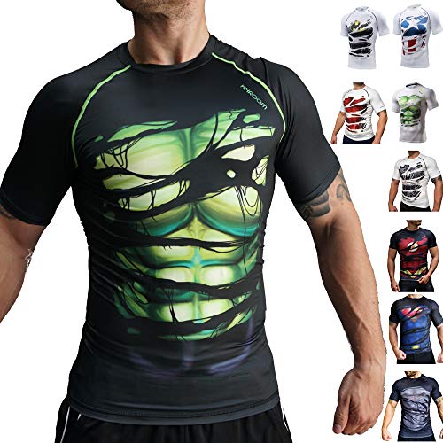 Khroom® Camiseta de compresión para hombre, de manga corta, transpirable, con diseño de héroes, camiseta de compresión, camiseta interior funcional para fitness, gimnasio, correr Color negro. L