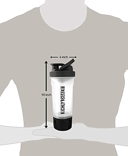 KICHLY (Set de 2) Botella shaker proteinas con batidor Blenderball clásica (700 ml) - Tapa antiderrames con Envase de almacenamiento suplementos - Perfecto para Entrenamiento (Negro y Claro)