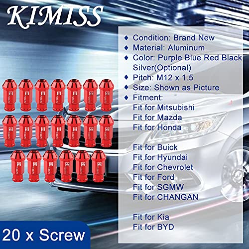 KIMISS Tornillo de aluminio para llantas de automóvil, 20 piezas Tuercas de rueda Tuercas de rueda de carreras seguras M12X1.5 (Rojo)