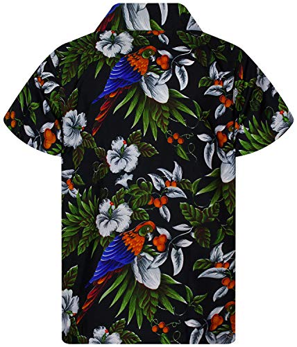 King Kameha Funky Casual Camisa hawaiana para niños y niñas Bolsillo frontal Muy fuerte Manga Corta Unisex Cherry Parrot Print - negro - 4 años