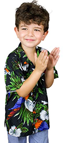 King Kameha Funky Casual Camisa hawaiana para niños y niñas Bolsillo frontal Muy fuerte Manga Corta Unisex Cherry Parrot Print - negro - 4 años