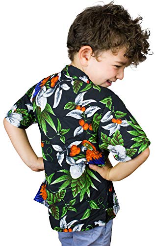 King Kameha Funky Casual Camisa hawaiana para niños y niñas Bolsillo frontal Muy fuerte Manga Corta Unisex Cherry Parrot Print - negro - 4 años