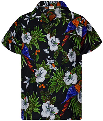 King Kameha Funky Casual Camisa hawaiana para niños y niñas Bolsillo frontal Muy fuerte Manga Corta Unisex Cherry Parrot Print - negro - 4 años