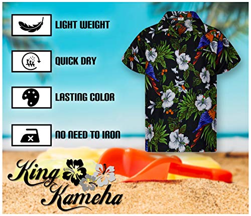 King Kameha Funky Casual Camisa hawaiana para niños y niñas Bolsillo frontal Muy fuerte Manga Corta Unisex Cherry Parrot Print - negro - 4 años