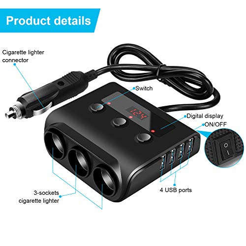 Kingwei Adaptador de Encendedor de Cigarrillos, 12V/24V, 100W, Cargador de Coche con 3 enchufes, 4 Puertos de Carga USB y Voltímetro LED, para GPS, Smartphone, iPad, Dash CAM, etc