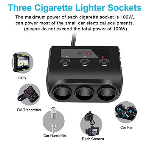 Kingwei Adaptador de Encendedor de Cigarrillos, 12V/24V, 100W, Cargador de Coche con 3 enchufes, 4 Puertos de Carga USB y Voltímetro LED, para GPS, Smartphone, iPad, Dash CAM, etc