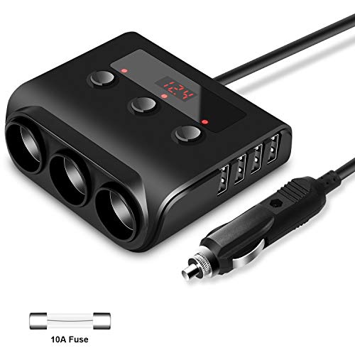 Kingwei Adaptador de Encendedor de Cigarrillos, 12V/24V, 100W, Cargador de Coche con 3 enchufes, 4 Puertos de Carga USB y Voltímetro LED, para GPS, Smartphone, iPad, Dash CAM, etc