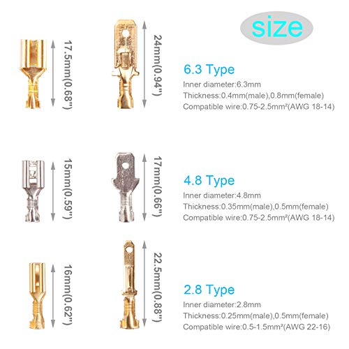 Kinstecks ​​150PCS 2.8mm 4.8mm 6.3mm Terminales de Crimpado Conectores 3.9mm Kit de conectores de bala Macho y hembra Conector de terminal de crimpado de pala