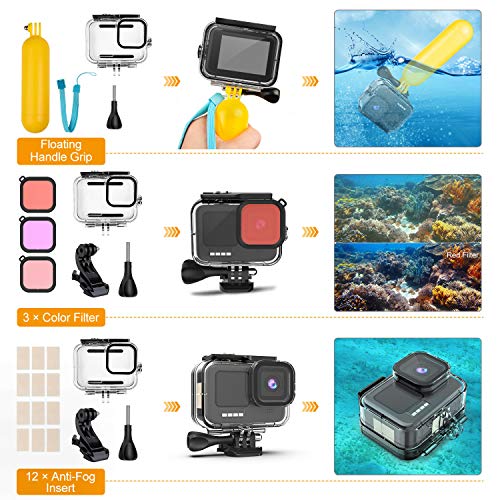 Kit Accesorios para GoPro HERO10/HERO9 Black, Carcasa Impermeable+Filtros para Buceo+Funda de Silicona+Correa de Pecho+Ventosa/Soporte para Bicicleta +Accesorio Agarre Flotante para GoPro10/GoPro9