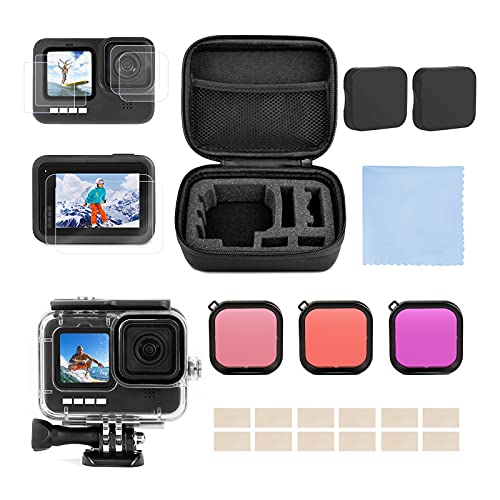 Kit de Accesorios para GoPro Hero 9/10 Black, PDEEY 25 en 1 con Paquete Pequeño para la Carcasa Impermeable Protector de Pantalla Filtro Rojo para GoPro Hero 9/10 Black Cámara de Acción