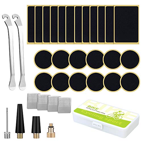 Kit de Reparación de Neumáticos de Bicicletas, 24pcs Parches de Neumáticos Autoadhesivos para Reparación de Pinchazos de Rueda de Bicicleta, con Escofina de etal/Adaptador de Bomba de Bicicleta