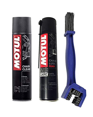 Kit para la limpieza y lubricacion de la cadena Motul Chain Clean C1 + Motul C2 Chain Lube Road + Cepillo