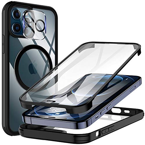 KKM Vidrio Templado Funda con Protector de Pantalla Incorporado y Protector de Lentes de Cámara para iPhone 12 Pro MAX 6.7 Pulgadas, Compatible con Cargador de Magnético Carcasa Cover - Negro