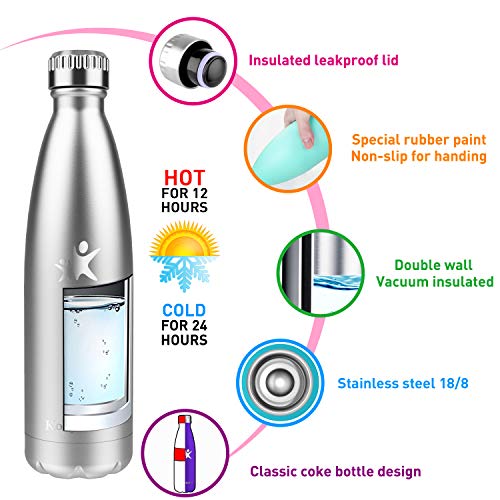 KollyKolla Botella de Agua Acero Inoxidable, Termo Sin BPA Ecológica, Botellas Termica Reutilizable Frascos Térmicos para Niños & Adultos, Deporte, Oficina, Yoga, Ciclismo, (500ml Plata)