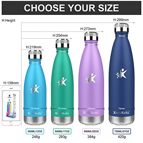 KollyKolla Botella de Agua Acero Inoxidable, Termo Sin BPA Ecológica, Botellas Termica Reutilizable Frascos Térmicos para Niños & Adultos, Deporte, Oficina, Yoga, Ciclismo, (500ml Plata)