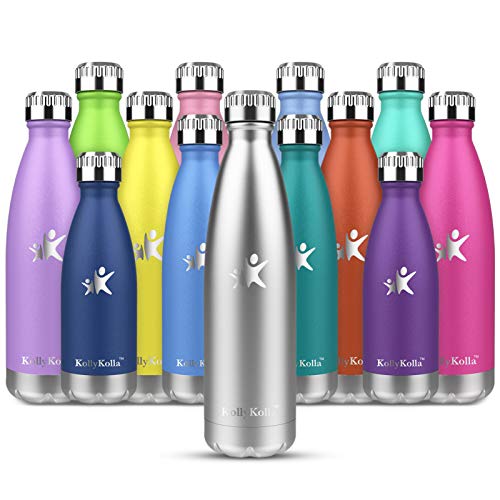 KollyKolla Botella de Agua Acero Inoxidable, Termo Sin BPA Ecológica, Botellas Termica Reutilizable Frascos Térmicos para Niños & Adultos, Deporte, Oficina, Yoga, Ciclismo, (500ml Plata)