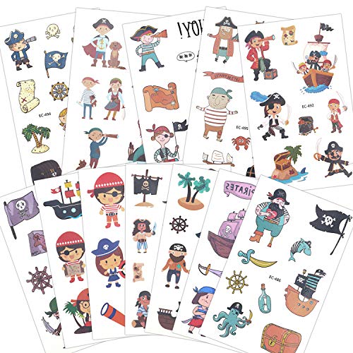 Konsait 100+ Pcs Pirata Tatuaje Niños, Falso Tatuajes temporales Pegatinas para niños Chicos Niñas Pirata Infantiles Fiesta de cumpleaños Regalo piñata