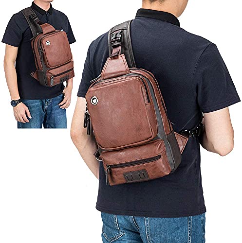 KSIBNW Bolso Bandolera Hombre Bolso de Hombro,Sling Bag de Cuero, Bandolera con Orificio para Auriculares,Bolsa Deportivo Bandolera Daypack Impermeable para Senderismo, Acampada y Compras(Marrón)