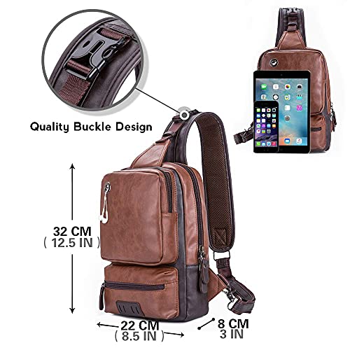 KSIBNW Bolso Bandolera Hombre Bolso de Hombro,Sling Bag de Cuero, Bandolera con Orificio para Auriculares,Bolsa Deportivo Bandolera Daypack Impermeable para Senderismo, Acampada y Compras(Marrón)