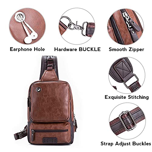 KSIBNW Bolso Bandolera Hombre Bolso de Hombro,Sling Bag de Cuero, Bandolera con Orificio para Auriculares,Bolsa Deportivo Bandolera Daypack Impermeable para Senderismo, Acampada y Compras(Marrón)