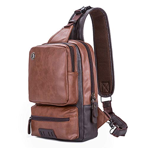 KSIBNW Bolso Bandolera Hombre Bolso de Hombro,Sling Bag de Cuero, Bandolera con Orificio para Auriculares,Bolsa Deportivo Bandolera Daypack Impermeable para Senderismo, Acampada y Compras(Marrón)