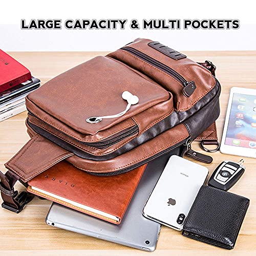 KSIBNW Bolso Bandolera Hombre Bolso de Hombro,Sling Bag de Cuero, Bandolera con Orificio para Auriculares,Bolsa Deportivo Bandolera Daypack Impermeable para Senderismo, Acampada y Compras(Marrón)