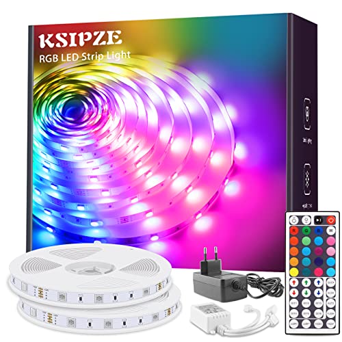 Ksipze Tiras LED 10m Luces LED RGB con Control Remoto y Fuente de Alimentación de 12V, 20 Colores y 8 Modos de Escena para la Habitación, Techo, Cocina 2 Rollos de 5m…