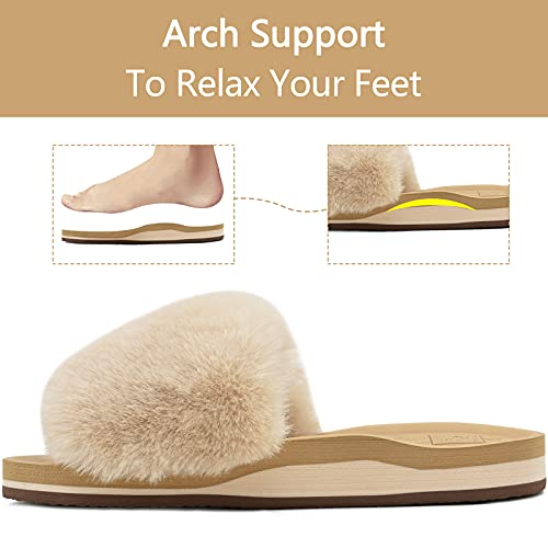 KuaiLu Pantuflas Mujer Peluche Felpa Piel de Conejo Zapatillas de Estar en Casa Invierno Comoda Peludas Caliente Slippers Verano Abierta Antideslizante Goma Suela Chanclas Beige 40