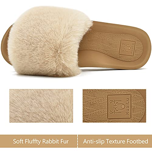 KuaiLu Pantuflas Mujer Peluche Felpa Piel de Conejo Zapatillas de Estar en Casa Invierno Comoda Peludas Caliente Slippers Verano Abierta Antideslizante Goma Suela Chanclas Beige 40