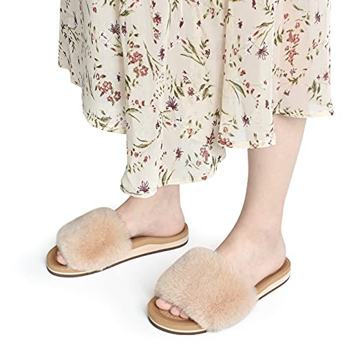 KuaiLu Pantuflas Mujer Peluche Felpa Piel de Conejo Zapatillas de Estar en Casa Invierno Comoda Peludas Caliente Slippers Verano Abierta Antideslizante Goma Suela Chanclas Beige 40