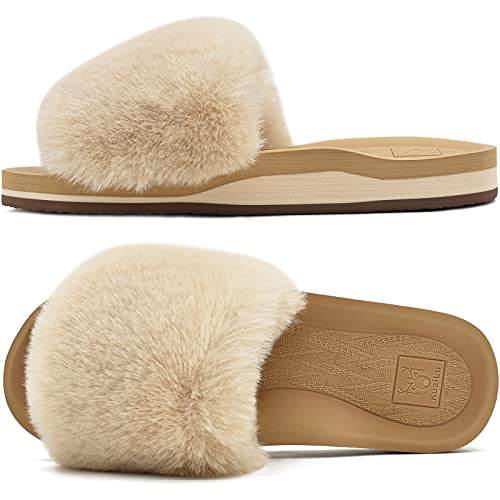 KuaiLu Pantuflas Mujer Peluche Felpa Piel de Conejo Zapatillas de Estar en Casa Invierno Comoda Peludas Caliente Slippers Verano Abierta Antideslizante Goma Suela Chanclas Beige 40