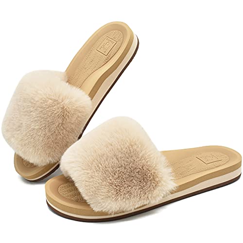 KuaiLu Pantuflas Mujer Peluche Felpa Piel de Conejo Zapatillas de Estar en Casa Invierno Comoda Peludas Caliente Slippers Verano Abierta Antideslizante Goma Suela Chanclas Beige 40