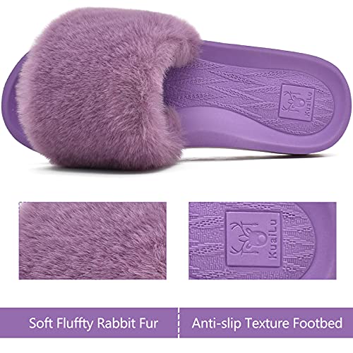 KuaiLu Pantuflas Mujer Peluche Felpa Piel de Conejo Zapatillas de Estar por Casa Invierno Comoda Peludas Caliente Slippers Verano Abierta Antideslizante Goma Suela Chanclas Morado 43