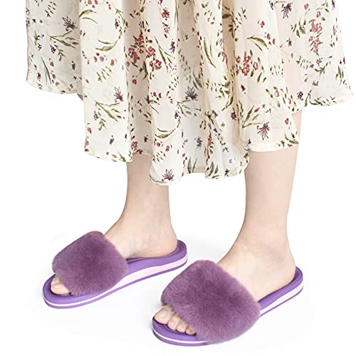 KuaiLu Pantuflas Mujer Peluche Felpa Piel de Conejo Zapatillas de Estar por Casa Invierno Comoda Peludas Caliente Slippers Verano Abierta Antideslizante Goma Suela Chanclas Morado 43