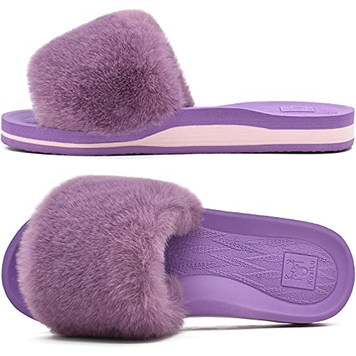 KuaiLu Pantuflas Mujer Peluche Felpa Piel de Conejo Zapatillas de Estar por Casa Invierno Comoda Peludas Caliente Slippers Verano Abierta Antideslizante Goma Suela Chanclas Morado 43