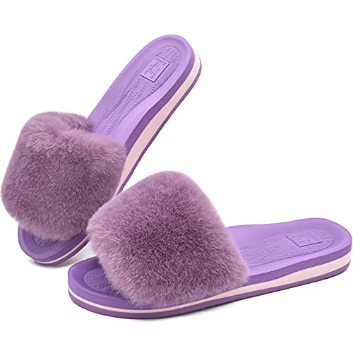 KuaiLu Pantuflas Mujer Peluche Felpa Piel de Conejo Zapatillas de Estar por Casa Invierno Comoda Peludas Caliente Slippers Verano Abierta Antideslizante Goma Suela Chanclas Morado 43